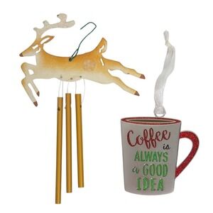 Silver Coffee Cup & Gold Reindeer Wind Chime Christmas Ornaments (Set of 2)